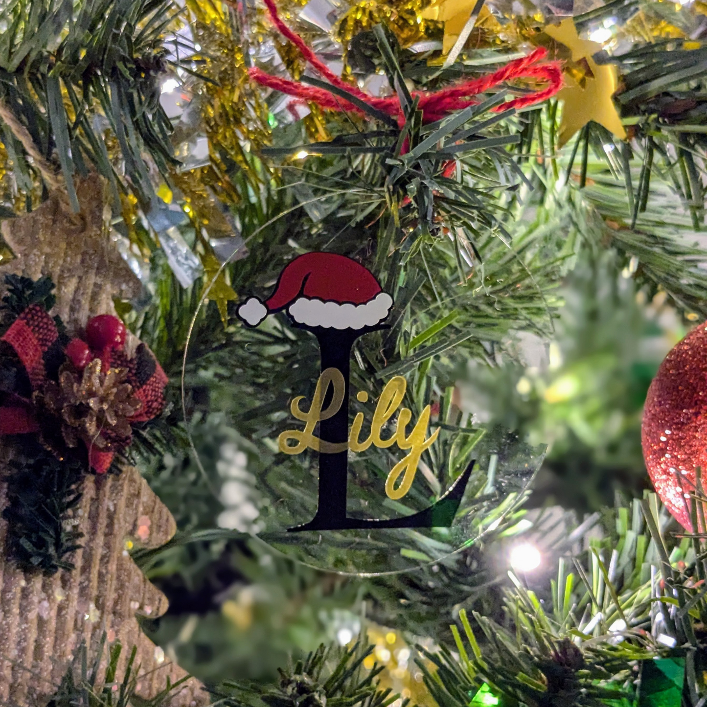 Clear Christmas Ornament - Name and Initial Personalized - Acrylic, 3 inch, FREE Gift Box