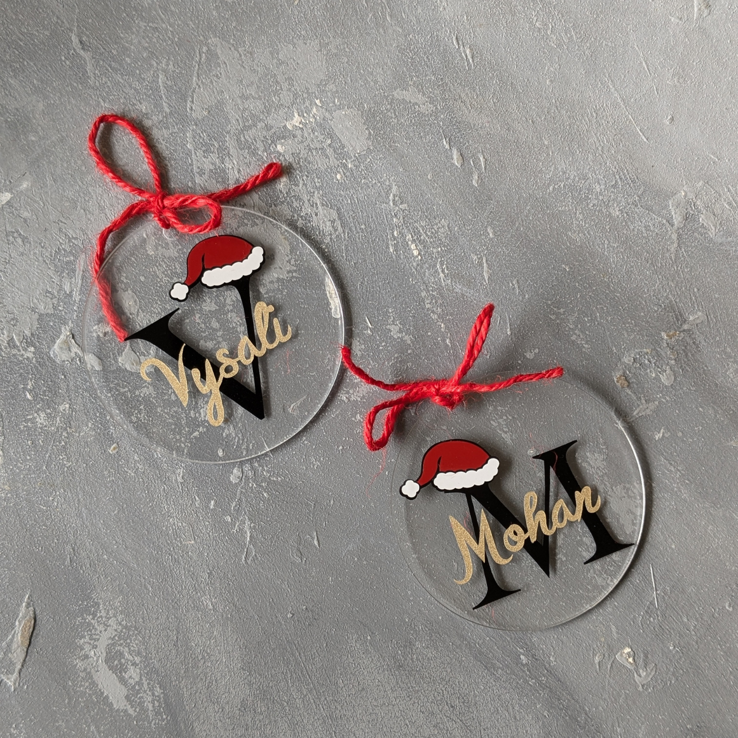 Christmas Ornament with Glitter Gold name and Initial with Christmas Hat
