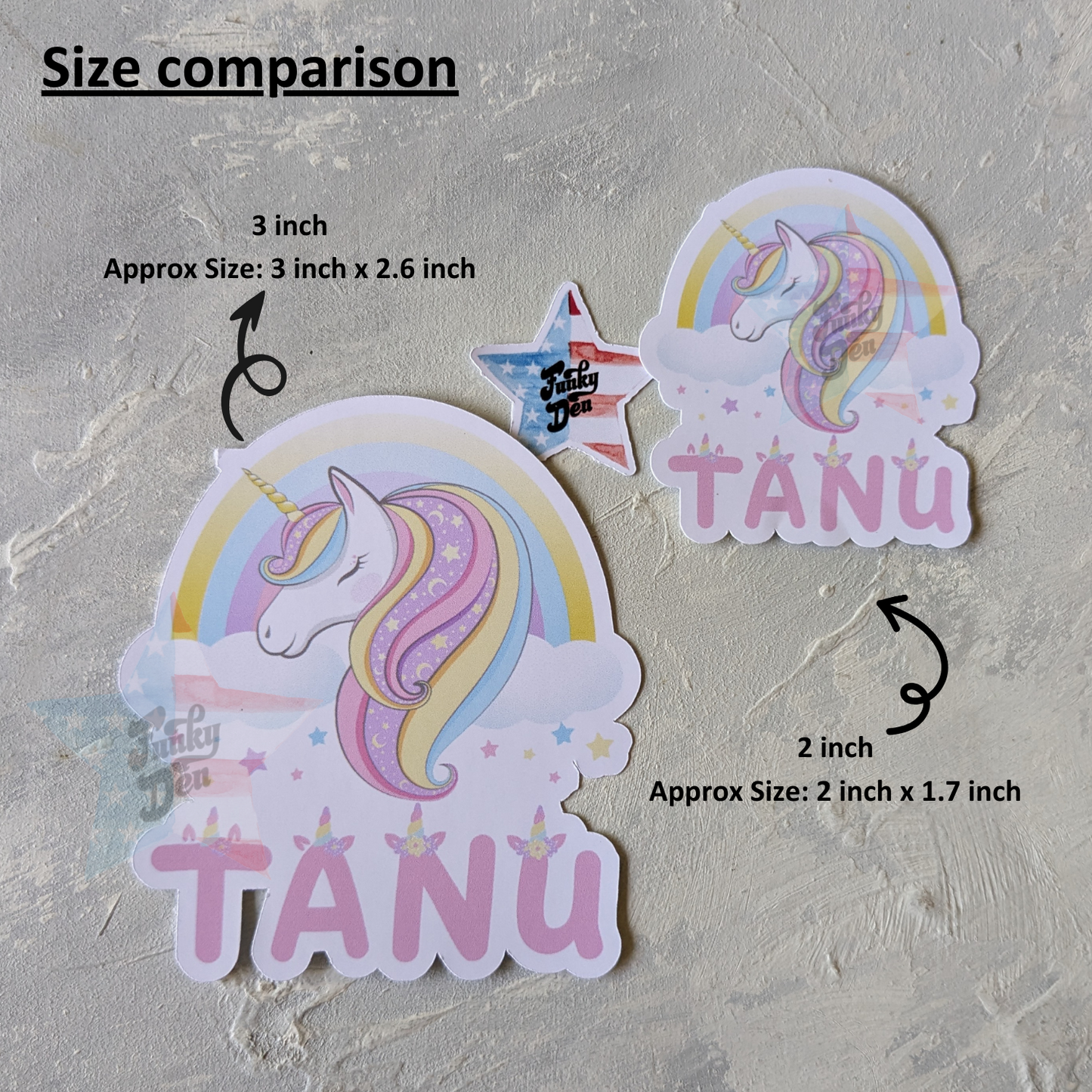 Size comparison of our Unicorn Name Personalized Waterproof Sticker Labels perfect for Birthday Return Gifting, Party Favors and so on.