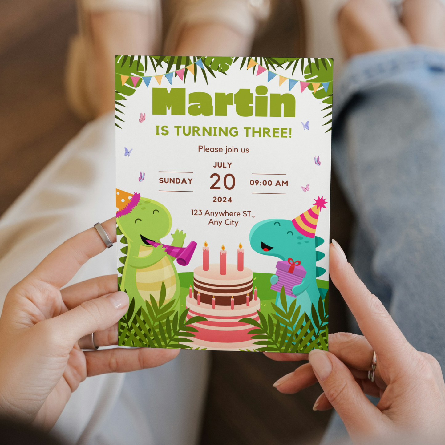 Mockup of #funkydenusa dinosaur themed dino-mite birthday invitation