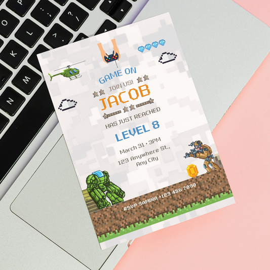 Level Up the Fun! Editable Video Game Birthday Invitation Template (5x7 PNG)