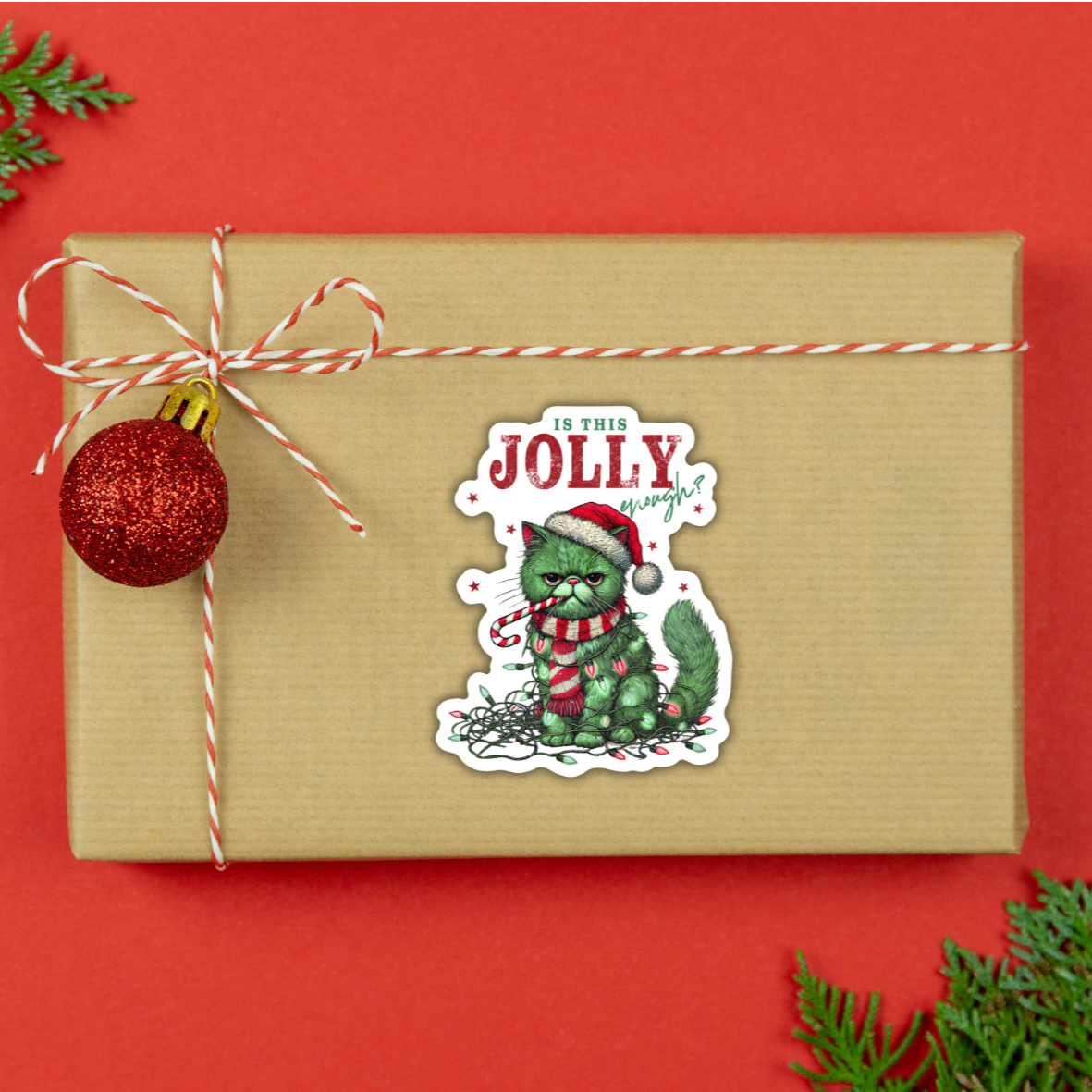 Funny Christmas Sticker, "Is This Jolly Enough?" Durable Vinyl for Gift Wrapping Fun, Great Sarcastic Holiday Gift