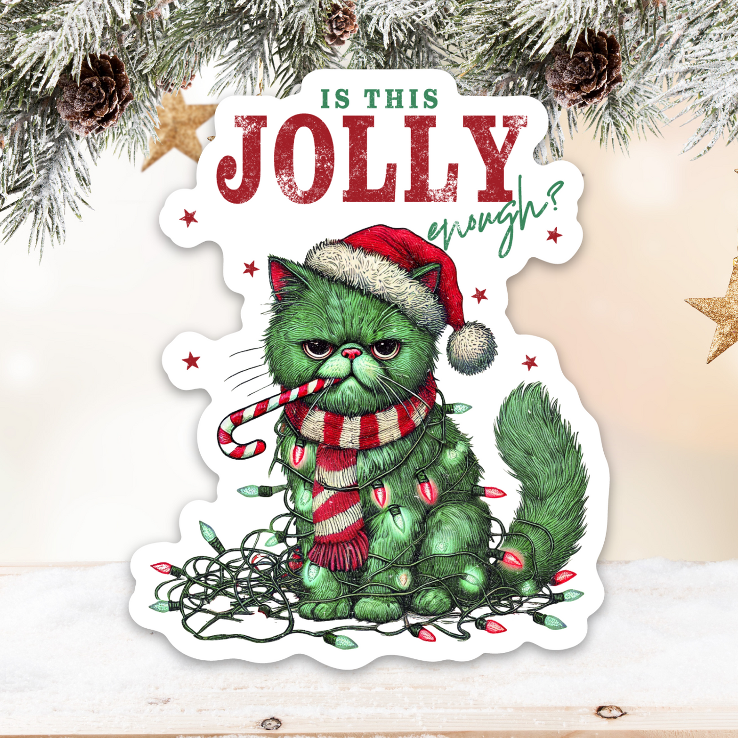 Funny Christmas Sticker, "Is This Jolly Enough?" Durable Vinyl for Gift Wrapping Fun, Great Sarcastic Holiday Gift