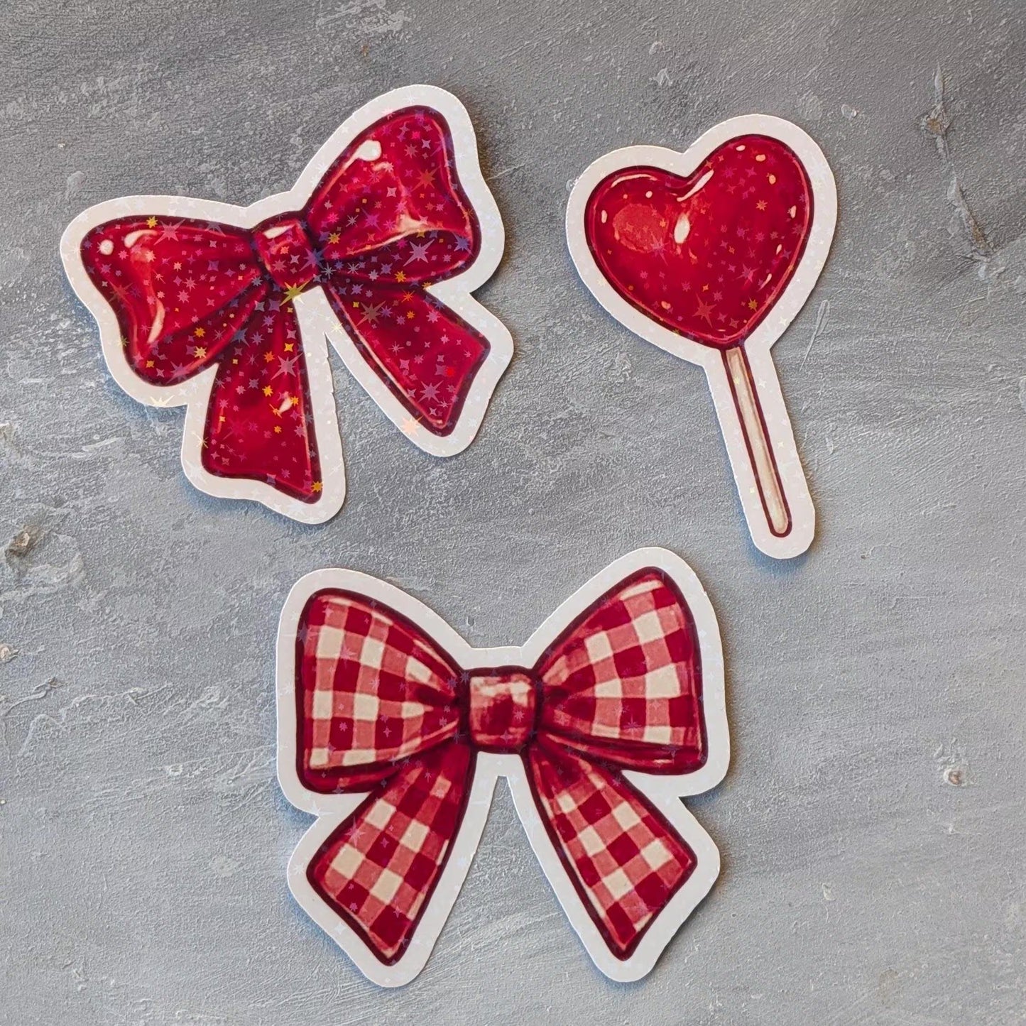 Red Bow & Heart Lollipop Stickers | Star Holographic Vinyl Decals | Waterproof 3 Inch Sticker Set