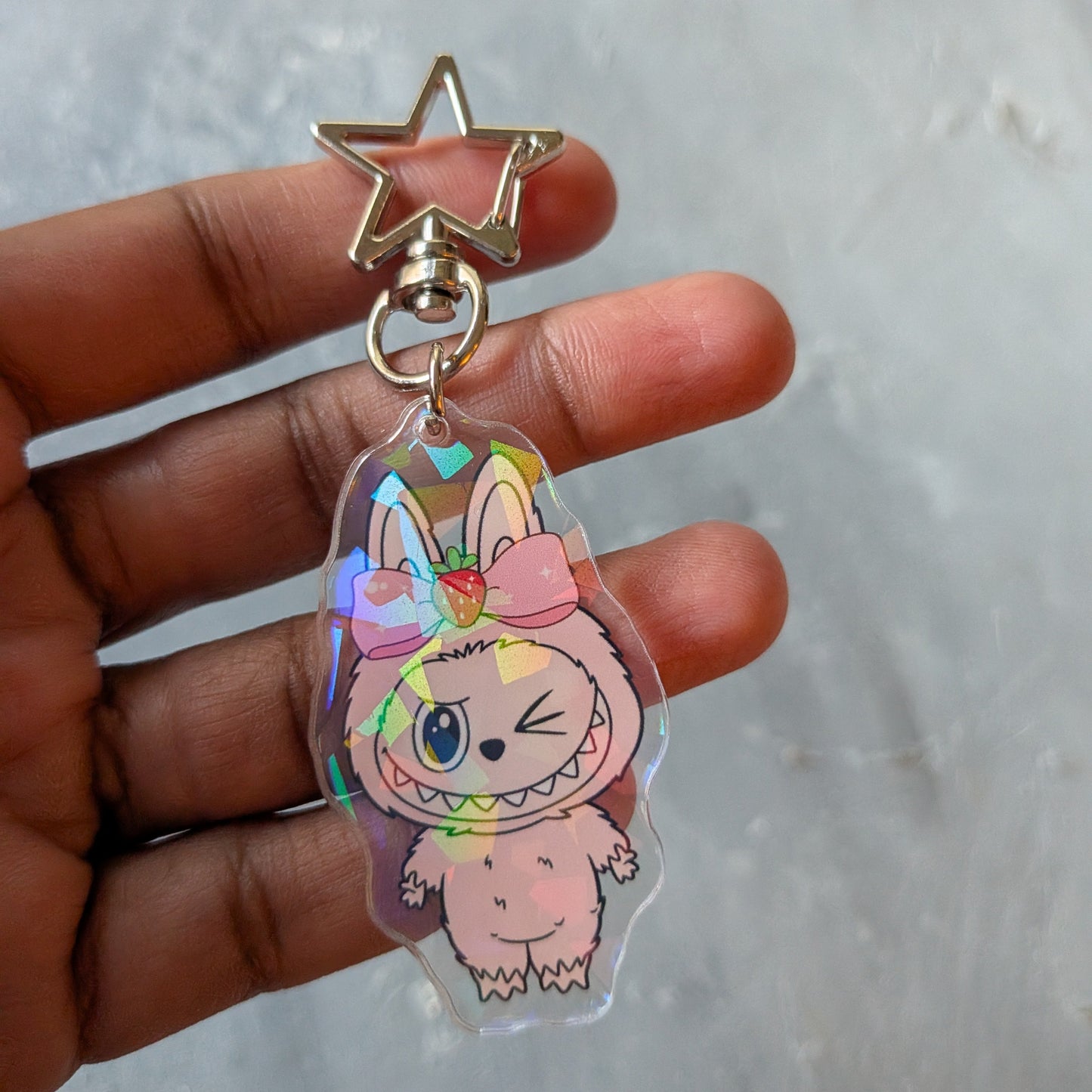 Strawberry Pink Holographic Monster Doll Keychain