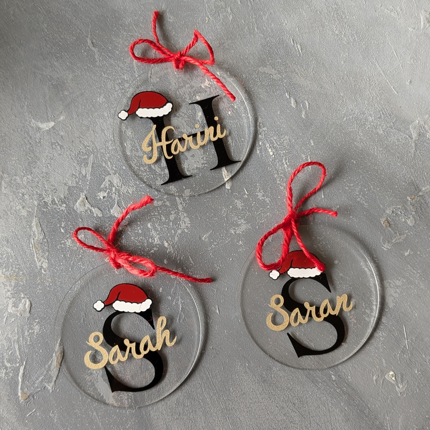 Xmas Ornament with Glitter Gold name and Initial with Christmas Hat