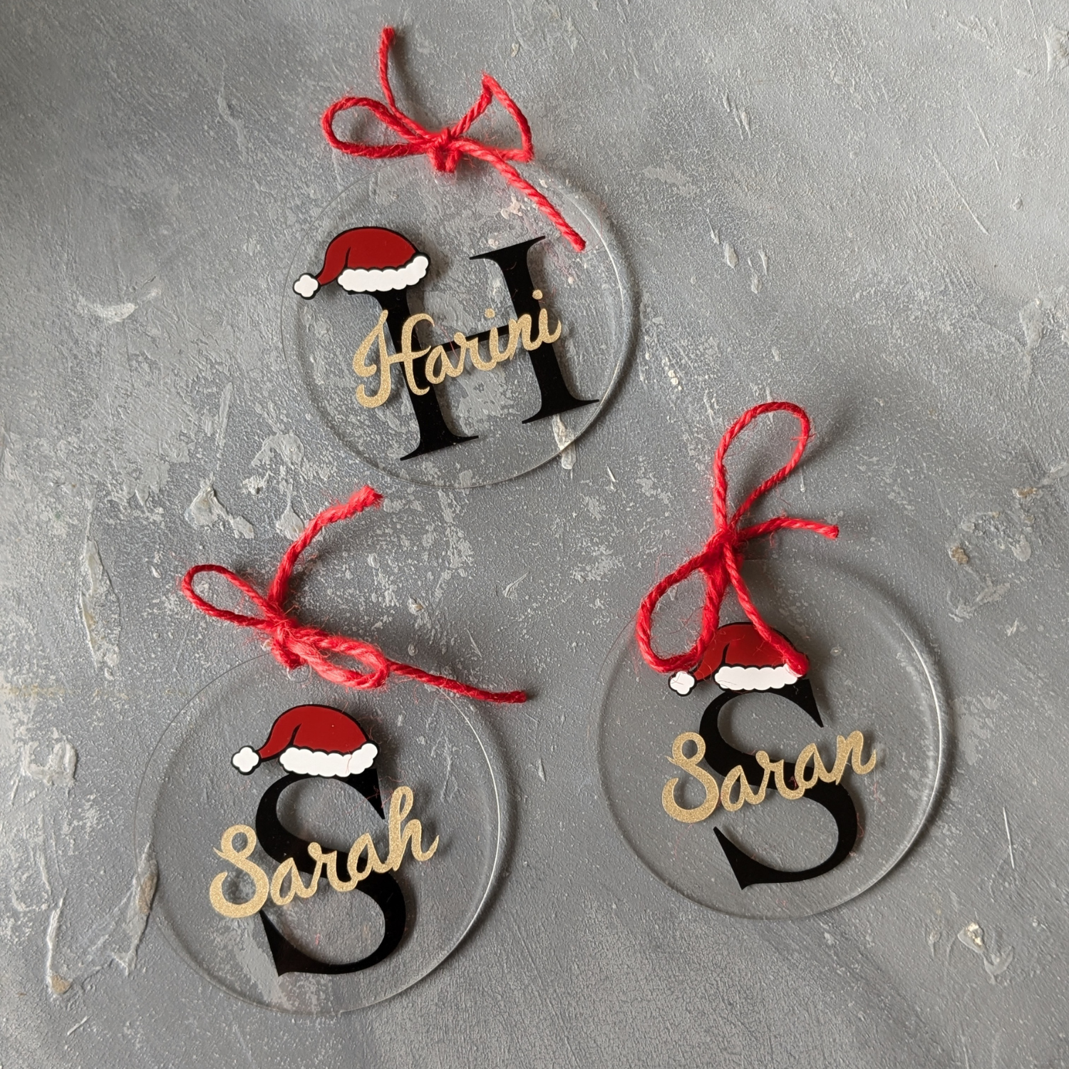 Xmas Ornament with Glitter Gold name and Initial with Christmas Hat