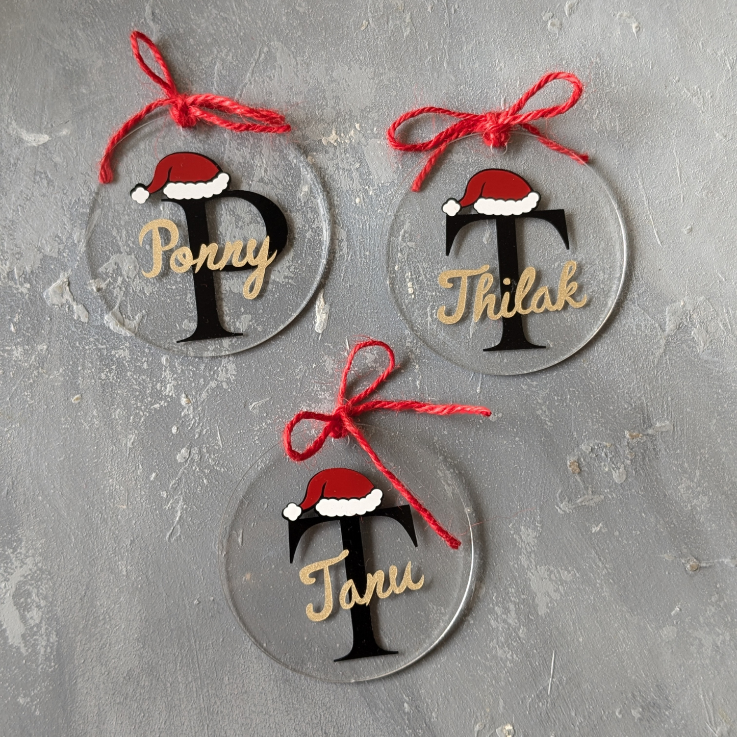 Xmas Tree Acrylic Ornament with Glitter Gold name and Initial with Christmas Hat