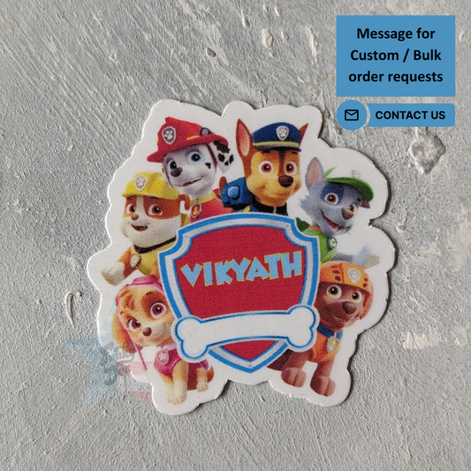 Paw Patrol themed personalized waterbottle label made for Vikyath